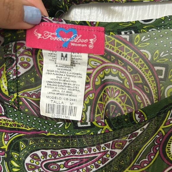 Forever love green Paisley green and pink cover up sheer top size M - Picture 2 of 4